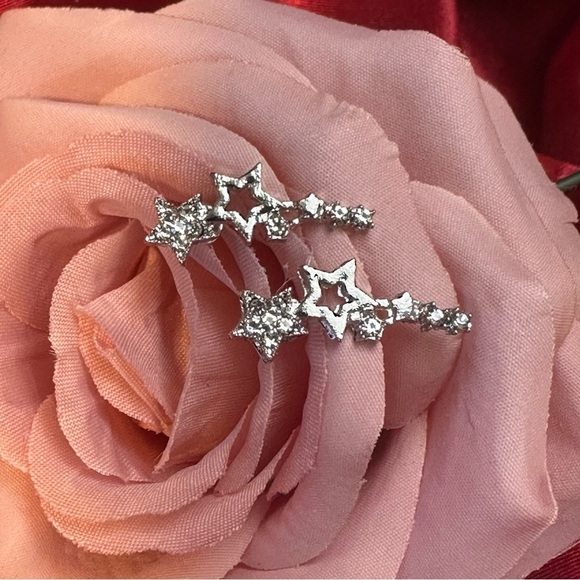 Silver Star Rhinestone Ear Climber Earrings | Celestial Sparkle Cuff Style - Picture 1 of 10